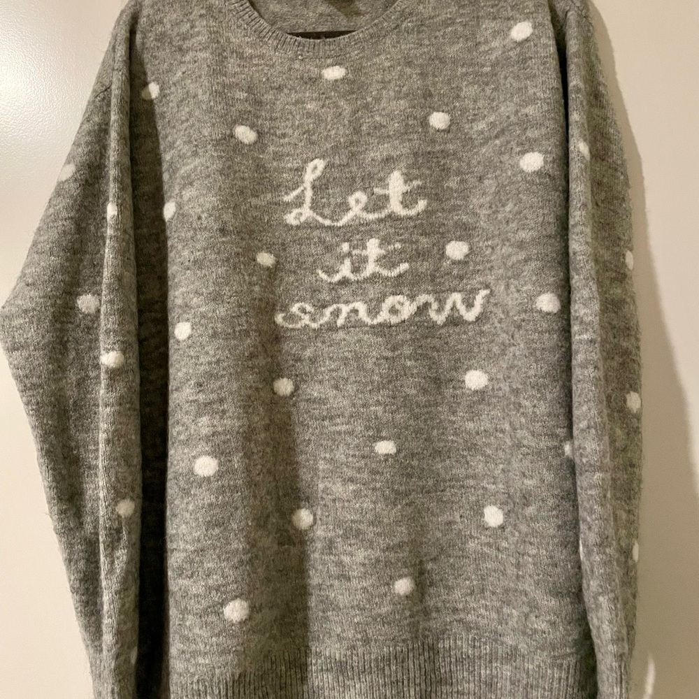 Gray Crew Neck Sweater with White Snowflake Dots